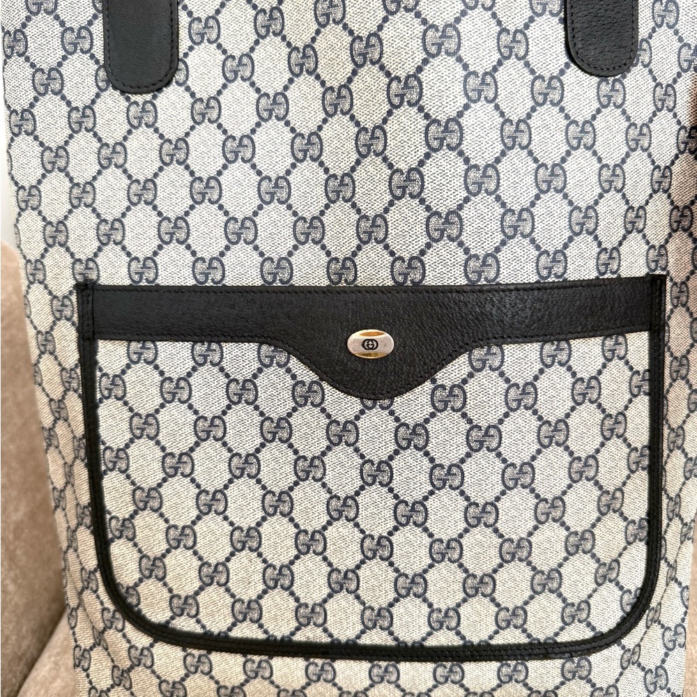 Gucci authentic navy grey monogram coated canvas tote bag ribbon handles - Picture 9 of 16
